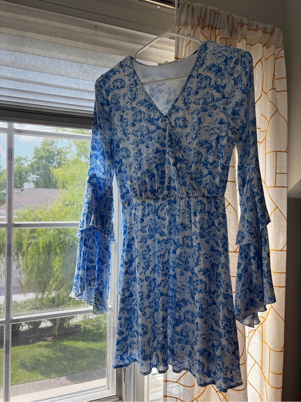 Altar'd State Blue and White Floral V-Neck Tiered Sleeve Dress